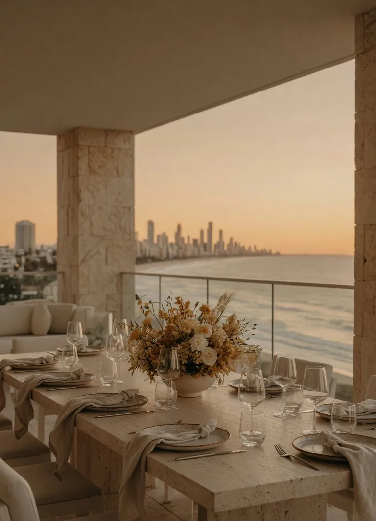 A terrace dining table set for a group celebration above the coast